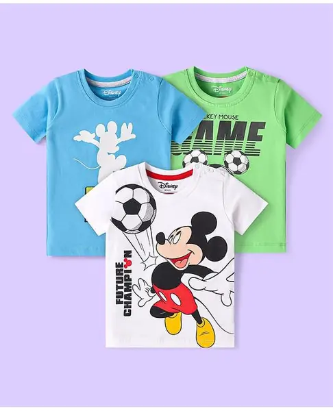 Babyhug Disney Single Jersey Knit Half Sleeves T-Shirts with Mickey Mouse Graphic Pack of 3 - White Blue & Light Green