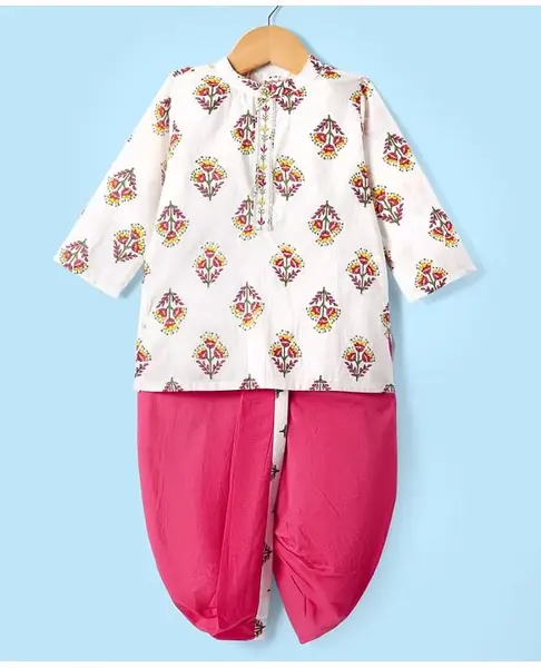 Babyhug Cotton Woven Full Sleeves  Dhoti Kurta Set With Floral Print -  White