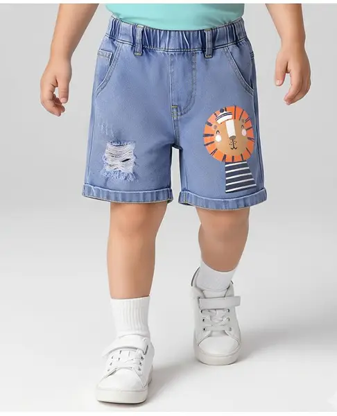 Mark & Mia Cotton Washed Shorts with Lion Print - Light Blue