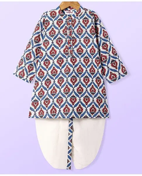 Babyhug Cotton Woven Full Sleeves Kurta Dhoti Set With Floral Print & Embroidery - White