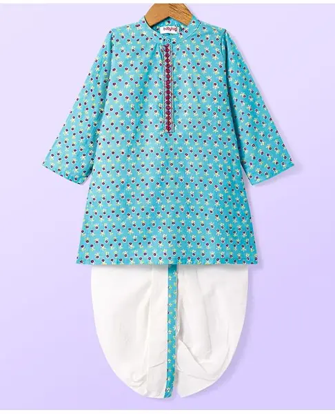 Babyhug Cotton Woven Full Sleeves Kurta Dhoti Set With Floral Print & Embroidery - Light Blue