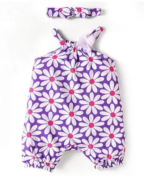Babyhug 100% Cotton Knit Singlet Sleeves Romper with Headband & Floral Print - Purple