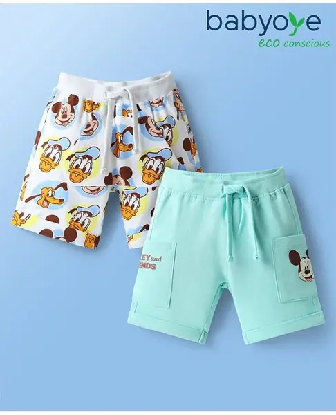 Babyoye Disney Eco Conscious Terry Knit Knee Length Shorts with Mickey Mouse & Friends Graphics Pack of 2 - White & Sea Green