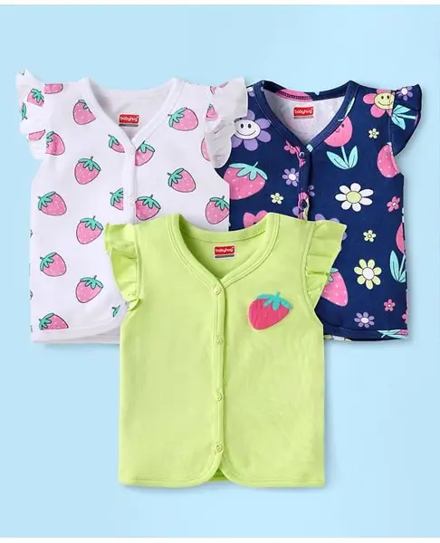 Babyhug 100% Cotton Knit Frill Sleeves Front Open Vests with Floral & Strawberry Print Pack of 3 - White Light Green & Navy Blue