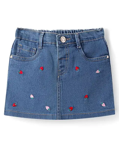 Babyhug Mid Thigh Washed Denim Skirt with Strawberry Embroidery - Navy Blue
