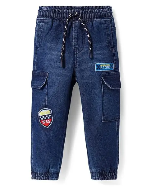 Babyhug Denim Washed Full Length Jeans With Stretch  Cargo Pockets & Embroidered Patches - Navy Blue