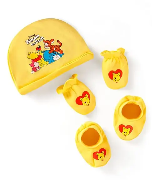 Babyhug Disney Interlock Knit Caps Mitten & Booties Set with Winnie the Pooh Graphics Yellow - Diameter 12 cm