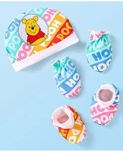 Babyhug Disney Interlock Knit Caps Mitten & Booties Set with Winnie the Pooh Graphics White - Diameter 12 cm