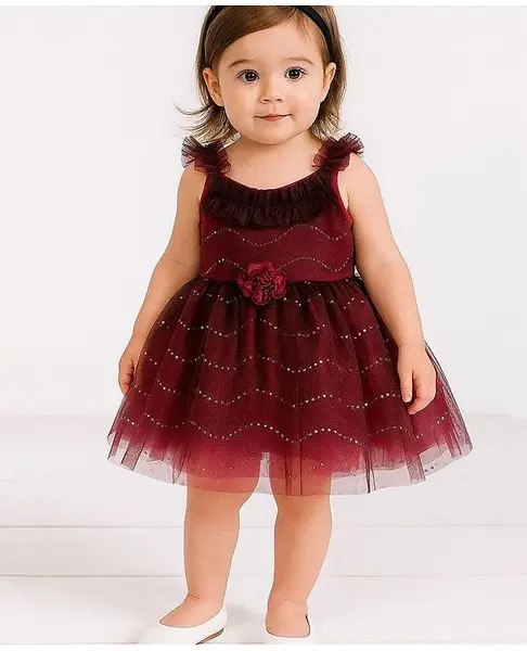 MPRINCESS Sleeveless Floral Applique Stone Embellished Dress - Maroon