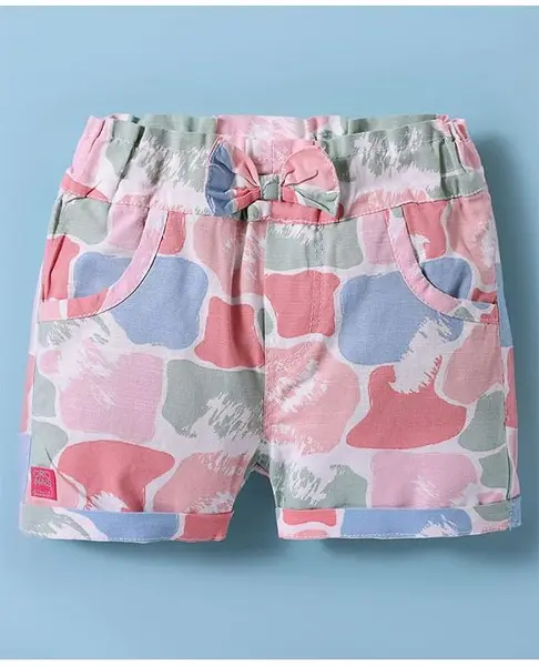 Olio Kids Cotton Knit Above Knee Length Printed Shorts With Bow Applique - Pink