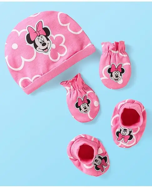 Babyhug Disney Interlock Knit Caps Mitten & Booties Set with Minnie Mouse Graphics Pink - Diameter 12 cm