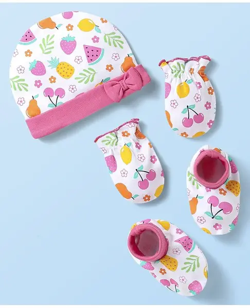Babyhug 100% Cotton Knit Cap Mittens & Booties With Floral & Fruit Print & Bow Applique White - Diameter 12 Cm