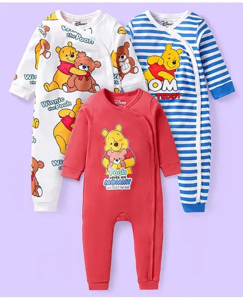 Babyhug Interlock Knit Full Sleeves Front Open Rompers with Winnie the Pooh Graphics & Stripes Pack of 3 - Red White & Blue