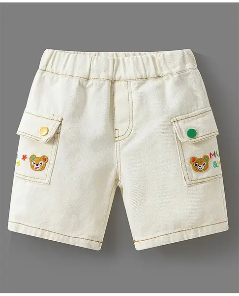 Mark & Mia Cotton Shorts with Bear Patch & Embroidery - Beige