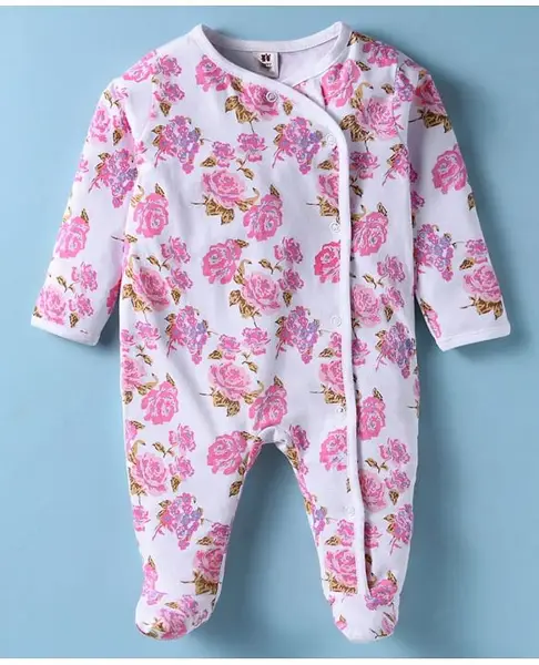 ToffyHouse Cotton Knit Full Sleeves Footed Sleepsuit With Floral Print - White