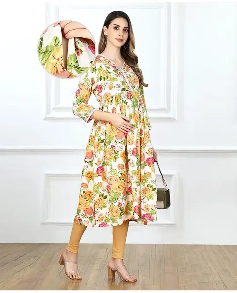 Bella Mama Woven Three Fourth Sleeves Maternity Dress With Floral Print - Off White