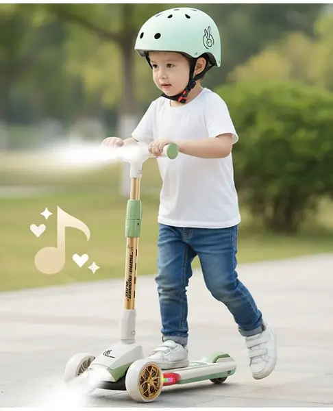 R for Rabbit Road Runner Blaze Foldable Kick Scooter for Kids with 4 Level Adjustable Height  PU LED Wheels  Lights and Music for 3+ Years Baby Boy & Girl of Upto 75kg Weight (Green Gold)