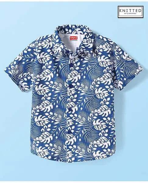 Babyhug Cotton Knit Half Sleeves Shirt With Leaf Print - Navy Blue