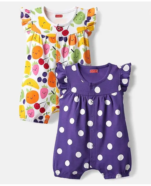 Babyhug 100% Cotton Interlock Knit Half Sleeves Romper with Polka Dot Design & Tropical Print Pack of 2 - Purple & White