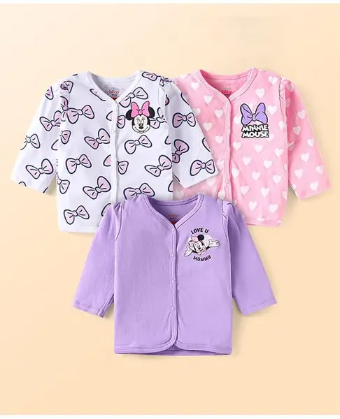 Babyhug Disney Interlock Knit Full Sleeves Jhablas with Minnie Mouse Graphics Pack of 3 - White Pink & Lilac