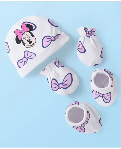 Babyhug Disney Interlock Knit Minnie Mouse Printed Cap Mittens & Booties Set -White