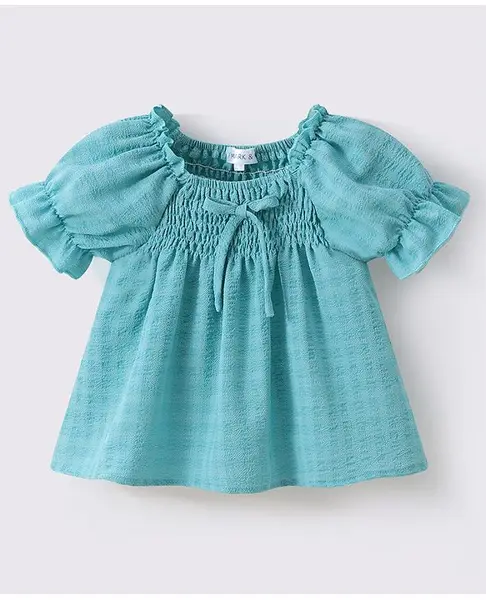 Mark & Mia Half Puffed Sleeves Solid Color Textured Top with Smocking - Turquoise
