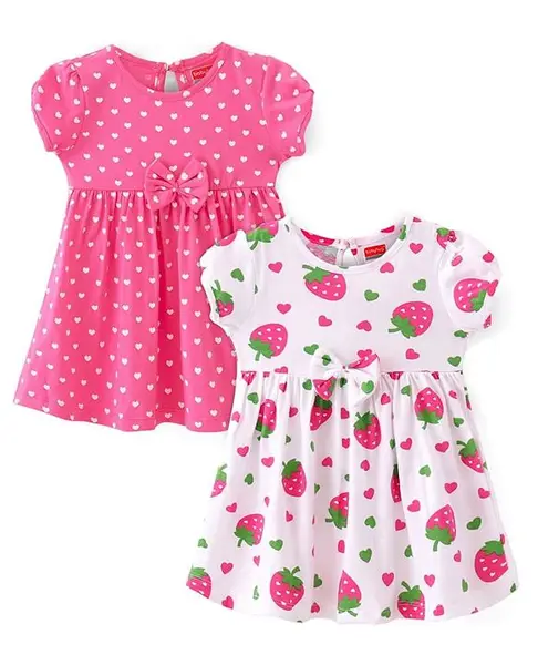 Babyhug Cotton Jersey Half Sleeves Frocks with Heart & Strawberry Print Pack Of 2 - Pink