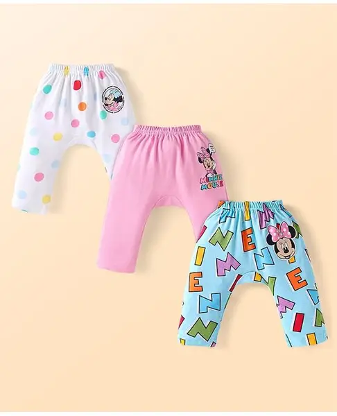 Babyhug Disney Interlock Knit Full Length Diaper Leggings With Minnie Mouse Graphic - Pack of 3 - White Pink & Blue