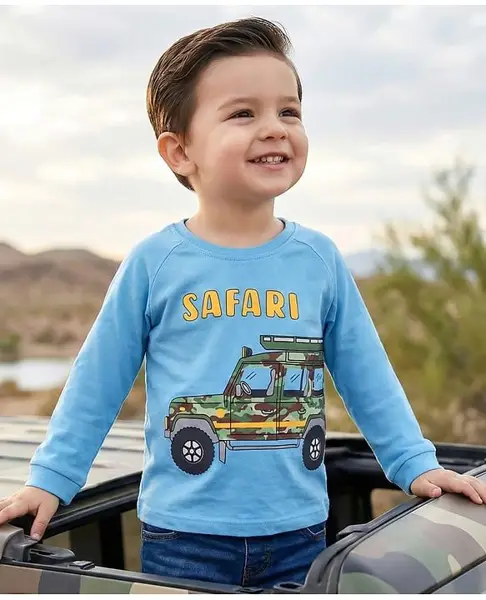 Babyhug Cotton Knit Full Raglan Sleeves T-Shirt With Car Print - Light Blue