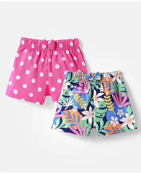 Babyhug Cotton Knit Mid Thigh Length Shorts with Polka Dots & Floral Print Pack of 2 - Dark Pink