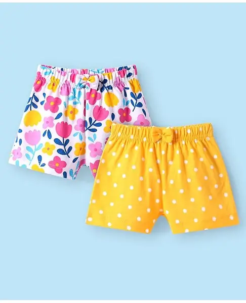 Babyhug Single Jersey Knit Mid Thigh Shorts with Polka Dot & Floral Print Pack of 2 - Yellow & White