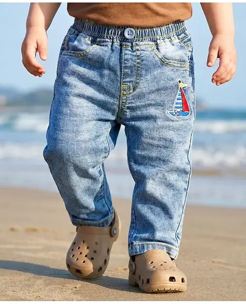 Babyoye Denim Full Length Jeans with Boat Embroidery - Blue