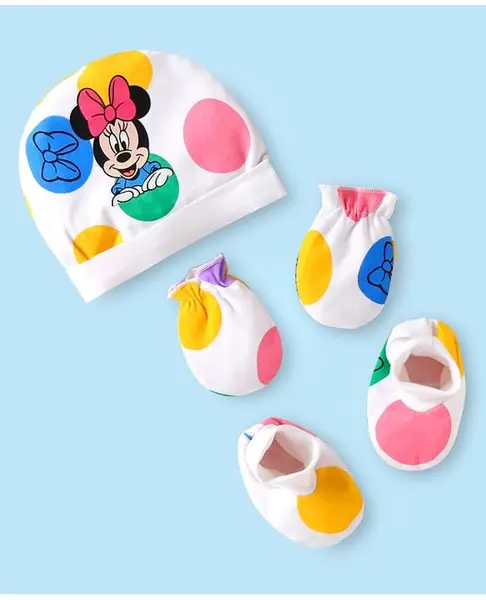 Babyhug Disney Interlock Knit Cap Mittens & Booties Set with Minnie Mouse Graphics White - Diameter 12 cm