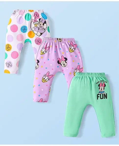 Babyhug Disney Interlock Knit Full Length Diaper Leggings With Minnie & Friends Graphic Set Of 3 -  Pink & White