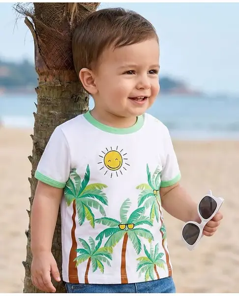 Babyoye Eco Conscious 100% Cotton Knit Half Sleeves T-Shirt with Eco Jiva Finish & Tropical Theme Print - White