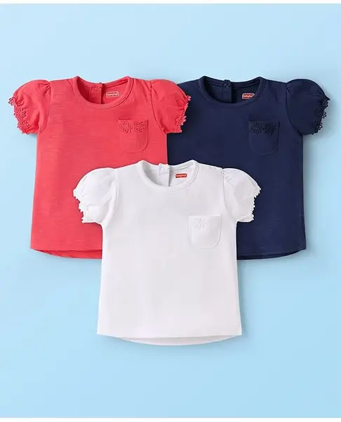 Babyhug Cotton Knit Half Puffed Sleeves Solid Color T-Shirts Pack of 3 - Red Navy Blue & White