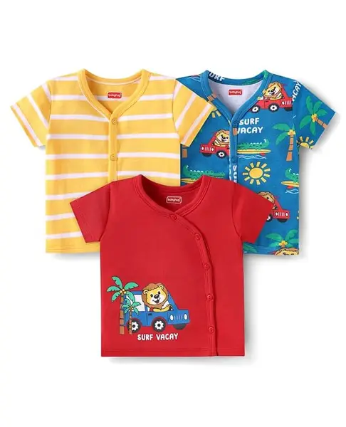 Babyhug Interlock Knit Half Sleeves Anitbacterial Open jhabla With Striped & Vehicle Print Pack of 3 - Yellow Red & Blue