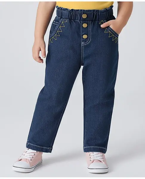Mark & Mia Cotton Full Length Jeans with Embroidery & Paper Bag Waist - Navy Blue