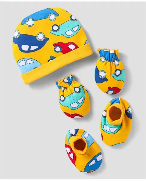 Babyhug 100% Cotton Cap Mittens And Booties Vehicle Printed Yellow - Diameter 14cm