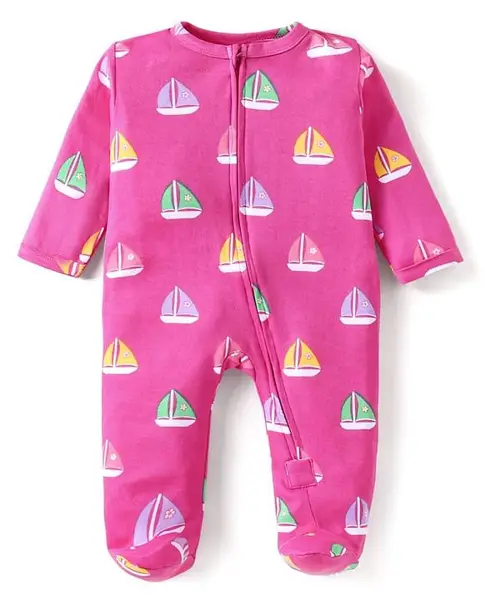 Babyhug Cotton Knit Full Sleeves Footed Sleep Suit With Boat Print - Dark Pink