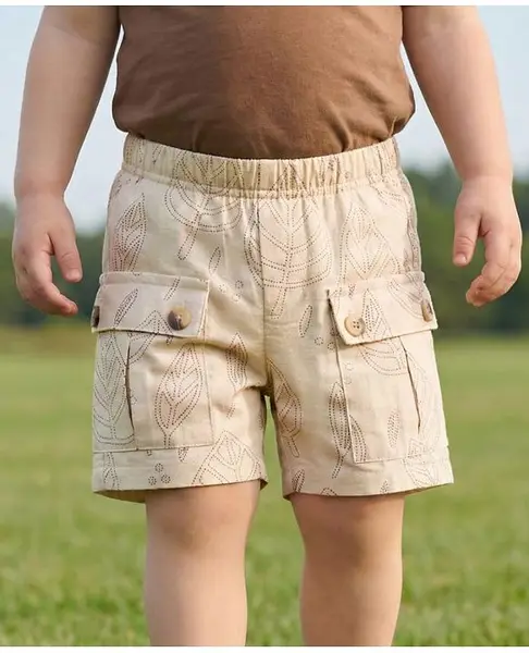 Babyoye Eco Conscious Cotton Linen Shorts with Leaves Print - Tan