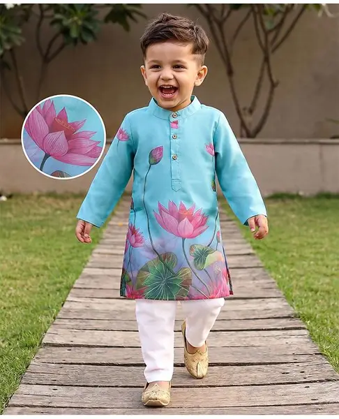 Babyhug Woven Full Sleeves Kurta & Pyjama with Lotus Print - Light Blue