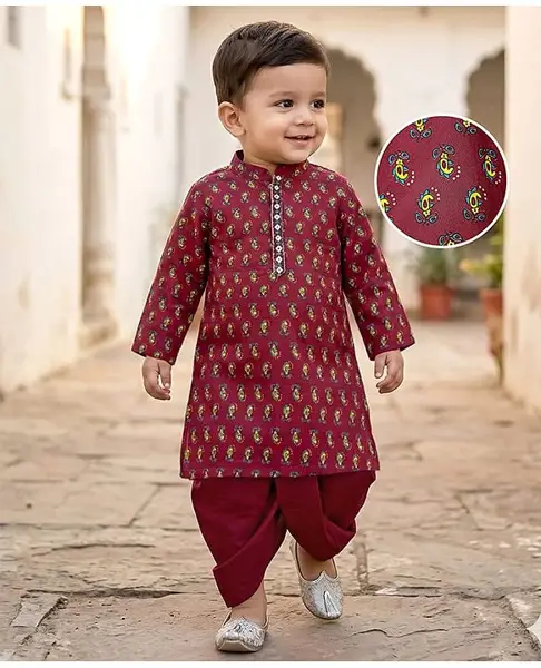 Babyhug Woven Full Sleeves Kurta Dhoti Set With Kolka Motif Print - Marroon