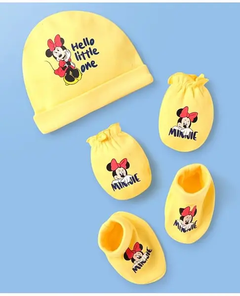 Babyhug Disney Interlock Knit Cap Mittens & Booties Set with Minnie Mouse Print Yellow - Diameter 10 cm