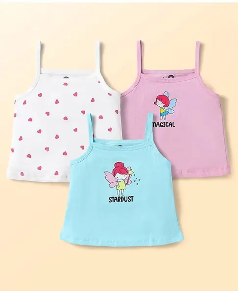 Doodle Poodle 100% Cotton Knit Sleeveless Slips with Heart & Fairy Print Pack of 3 - Light Blue & Pink