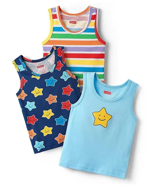 Babyhug 100 % Cotton Sleeveless Star Printed & Striped Vests Pack Of 3 - Light Blue Yellow & Navy Blue