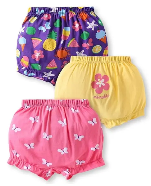 Babyhug 100% Cotton Knit Bloomers with Floral Butterfly & Pineapple Print Pack of 3 - Pink Yellow & Purple