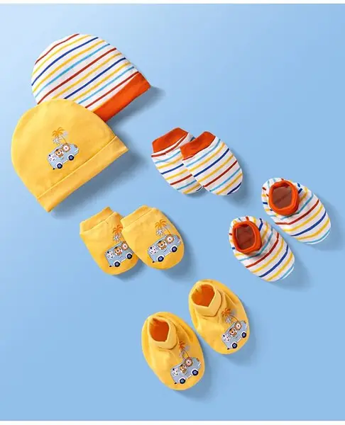 Doodle Poodle Interlock Knit Caps  Mittens & Booties with Strips Animal & Vehicle Print Pack of 2 Yellow & Red - Diameter 15 cm