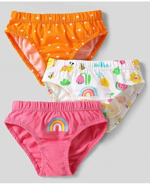 Babyhug 100% Cotton Panties With Polka Dots & Rainbow Print Pack Of 3 - Orange White & Dark Pink