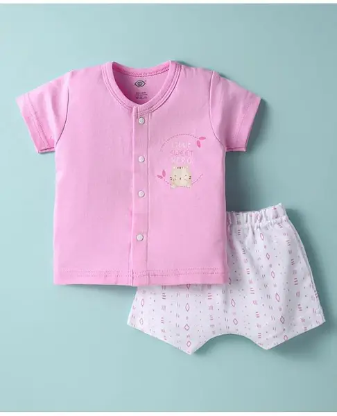Zero Sinker Knit Half Sleeves Shorts Night Suit With Cat Print - Pink & White